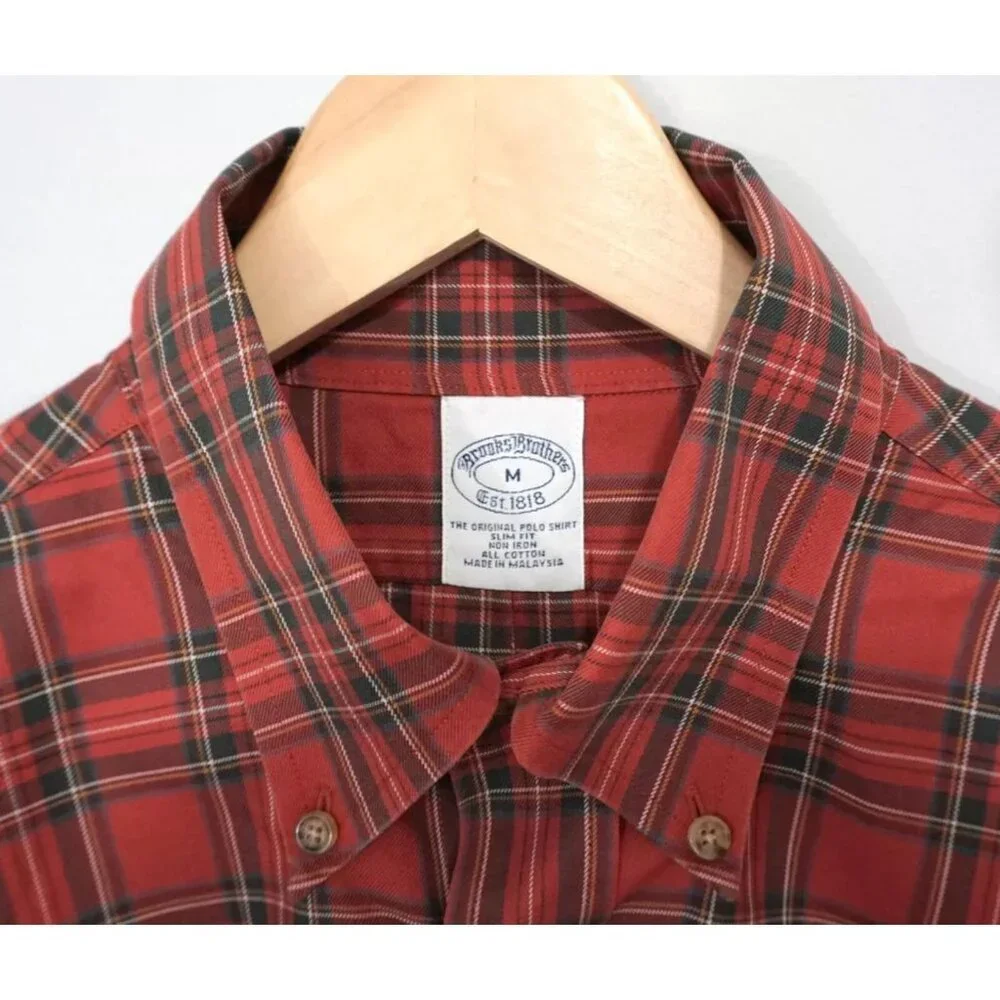 Brooks Brothers Red Plaid Button Up Slim Fit Original Polo Shirt Size Medium